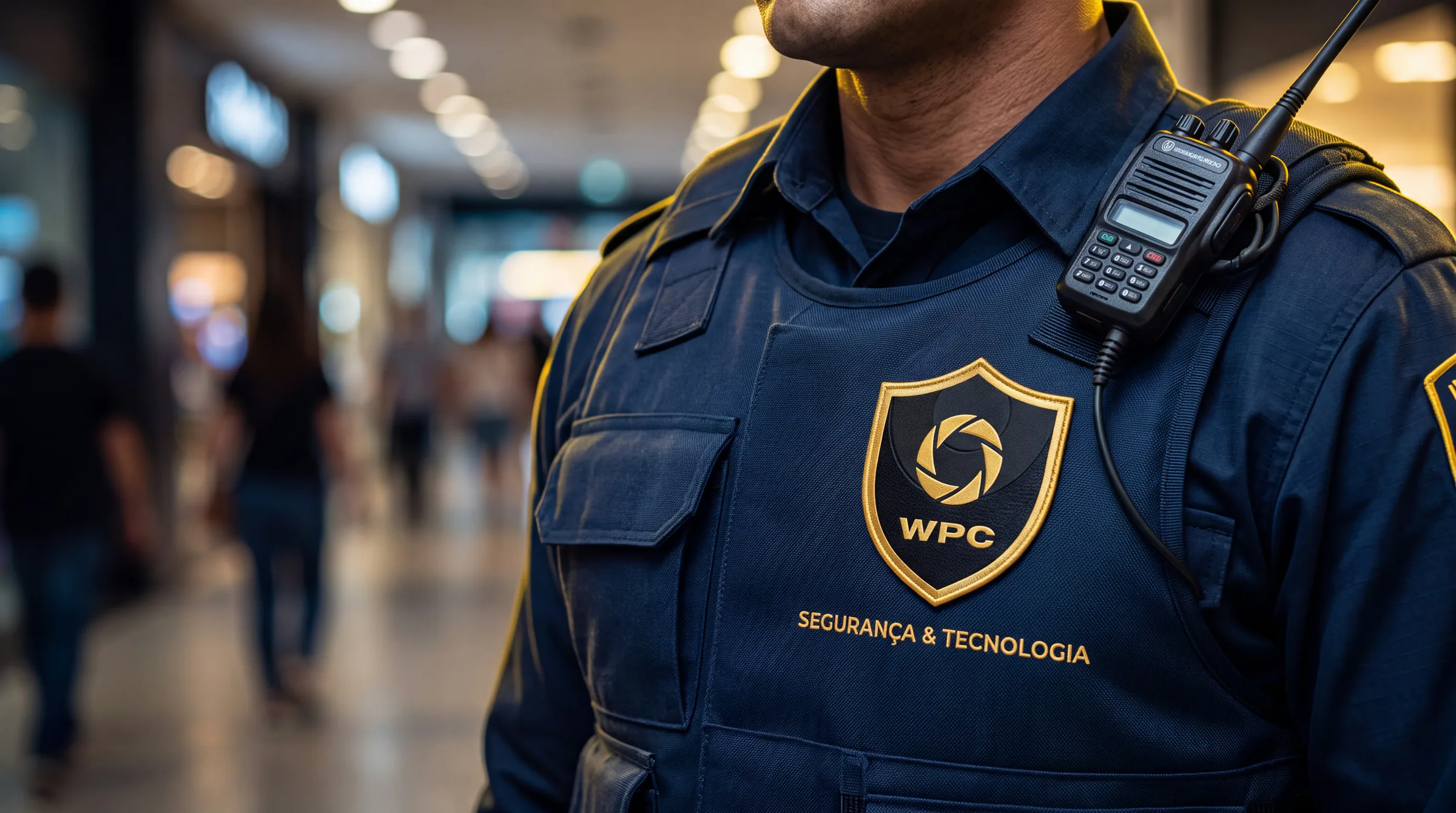 Detalhe do uniforme azul-marinho de um vigia WPC, com a logo no peito e rádio no ombro